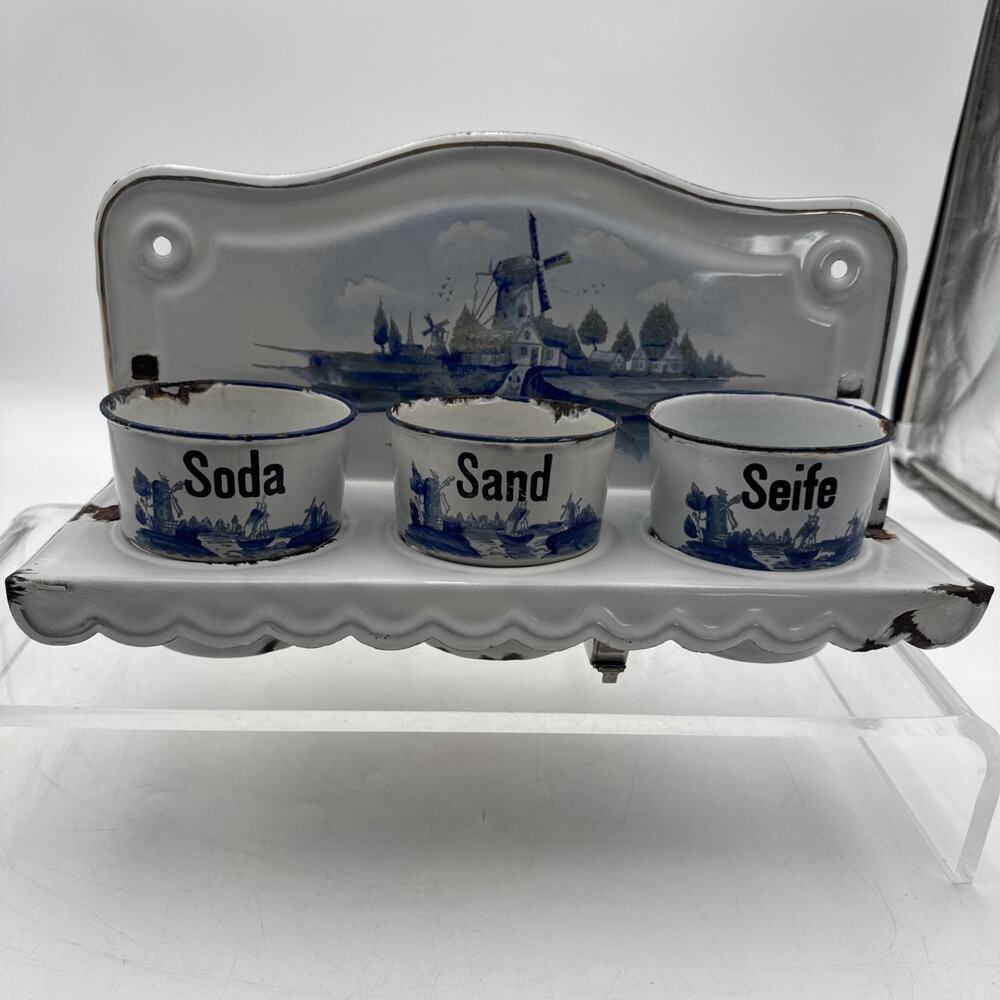 Vintage German Enamelware Laundry Wall Hanger Sand Soda Seife Rack Blue White